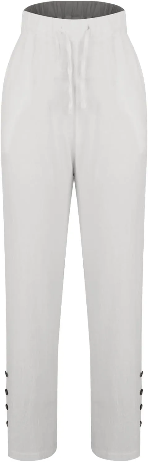 Womens High Waist Linen Pants Drawstring Elastic Waist Summer Casual Pants Loose Fit Lounge Trousers with Pockets