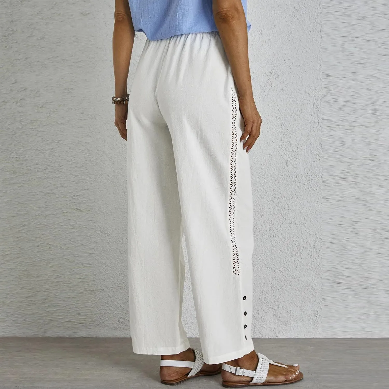 Womens High Waist Linen Pants Drawstring Elastic Waist Summer Casual Pants Loose Fit Lounge Trousers with Pockets