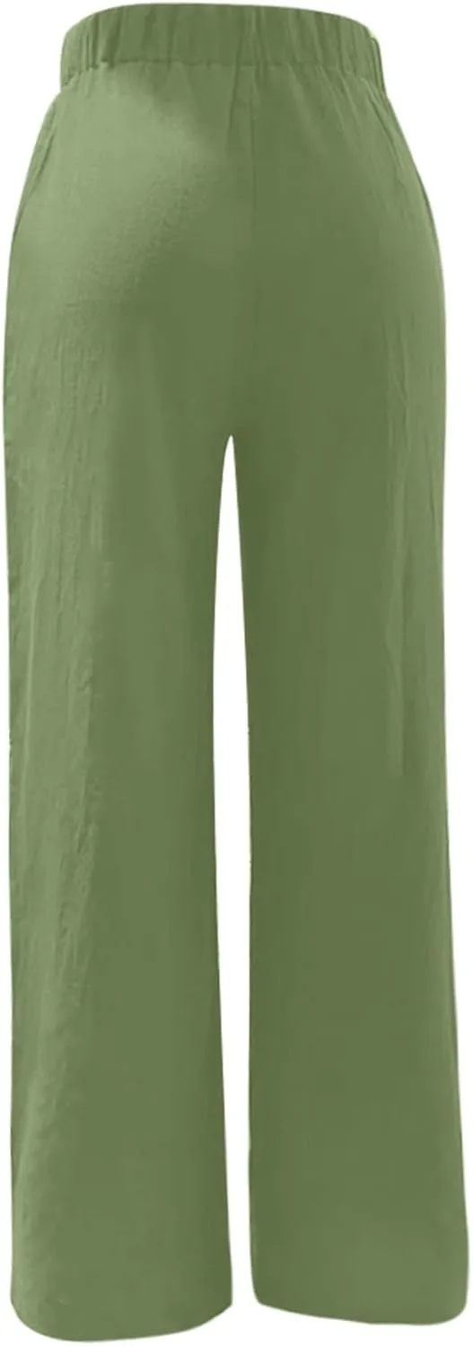 Women's High Waisted Linen Pants Casual Wide Leg Button Fly Palazzo Long Trousers Summer Beach Comfy Flowy Pants with Pockets