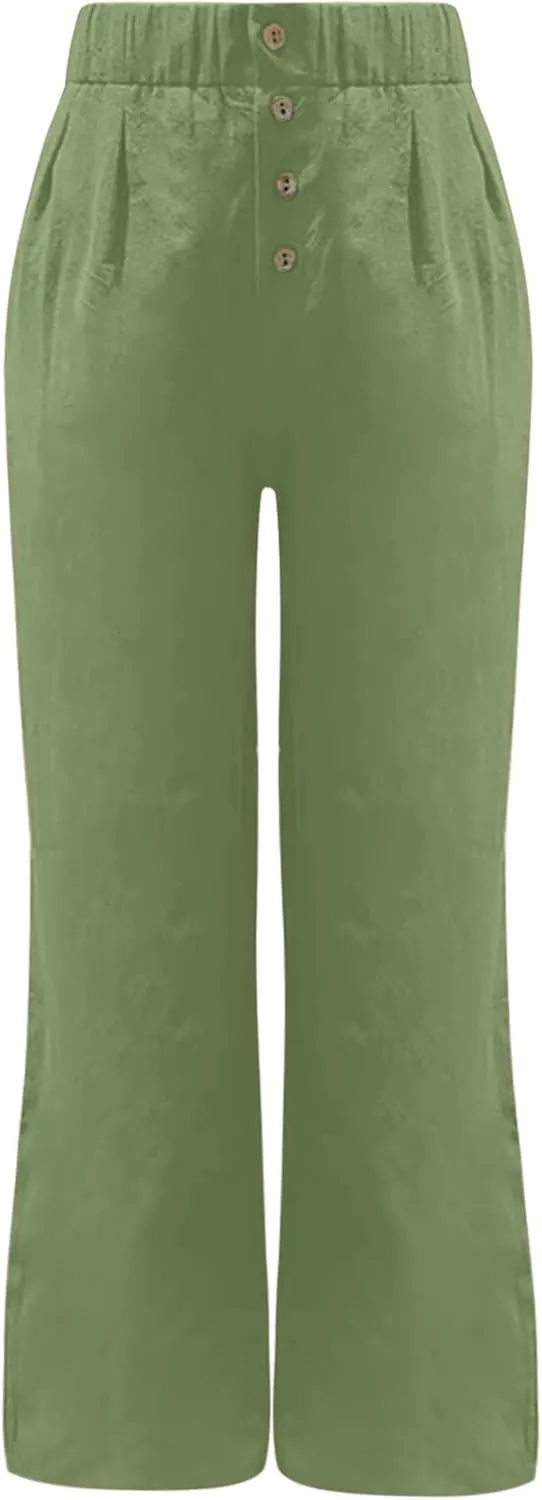 Women's High Waisted Linen Pants Casual Wide Leg Button Fly Palazzo Long Trousers Summer Beach Comfy Flowy Pants with Pockets