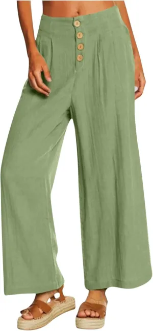 Women's High Waisted Linen Pants Casual Wide Leg Button Fly Palazzo Long Trousers Summer Beach Comfy Flowy Pants with Pockets