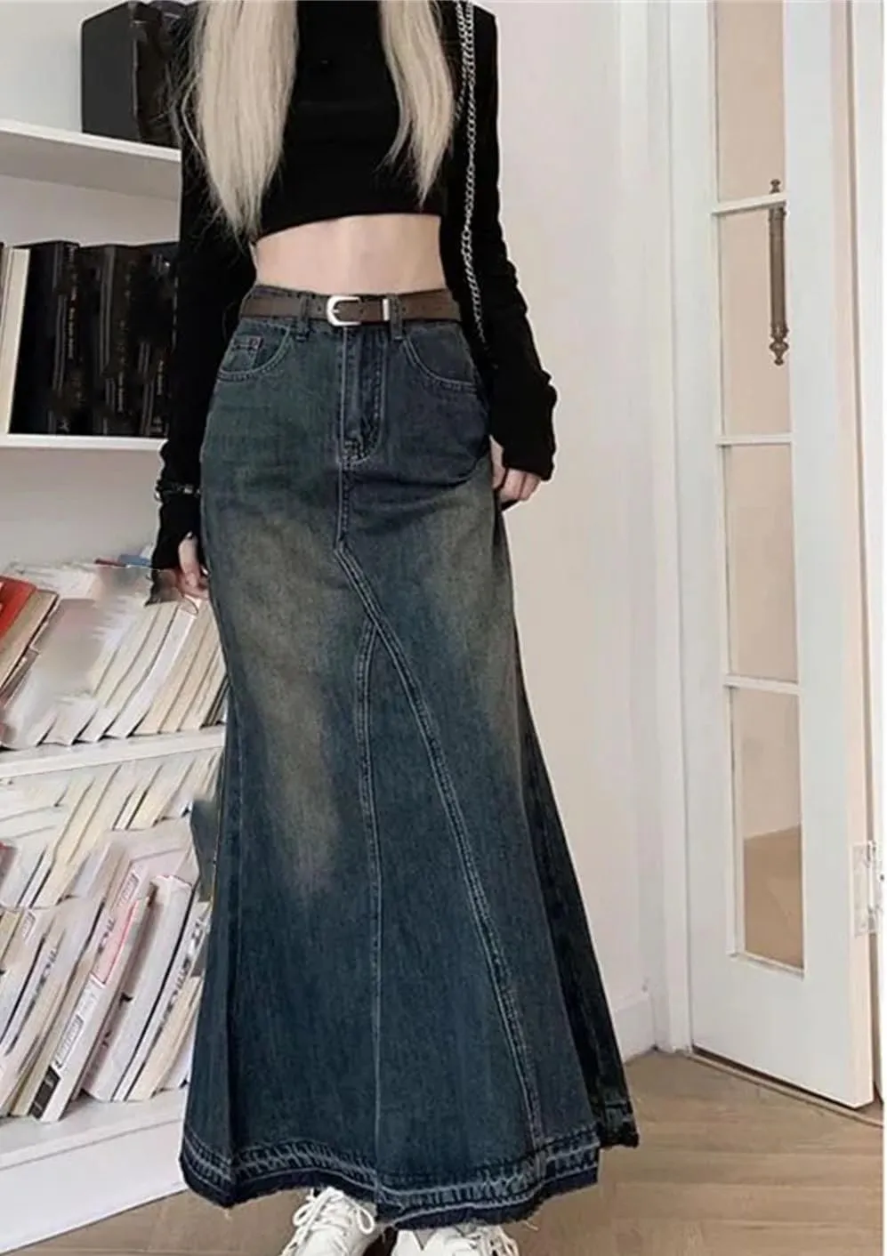 Women's High-Waisted Slimming Long Fishtail Jeans Skirts Vintage Washing Denim Skirt
