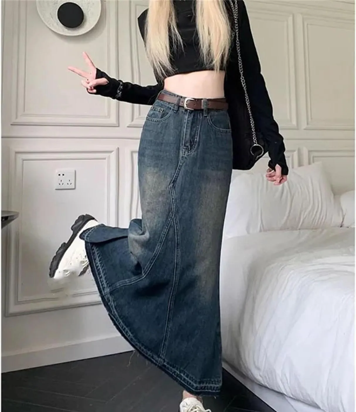 Women's High-Waisted Slimming Long Fishtail Jeans Skirts Vintage Washing Denim Skirt