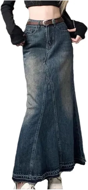 Women's High-Waisted Slimming Long Fishtail Jeans Skirts Vintage Washing Denim Skirt