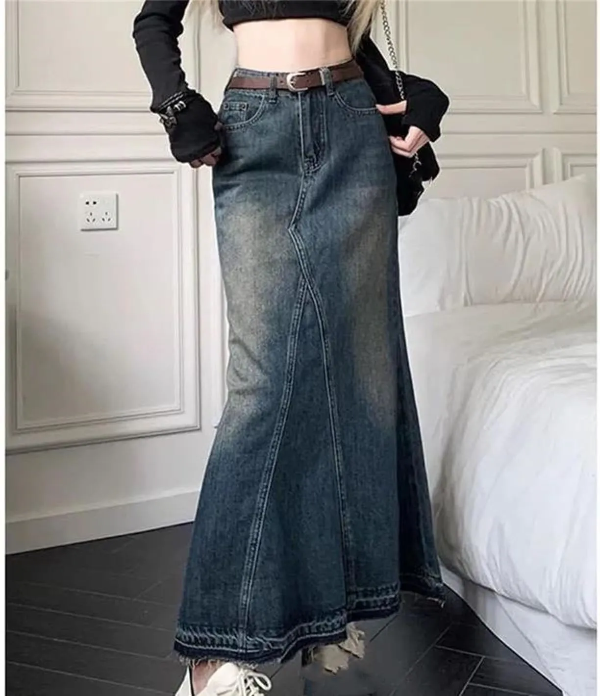 Women's High-Waisted Slimming Long Fishtail Jeans Skirts Vintage Washing Denim Skirt