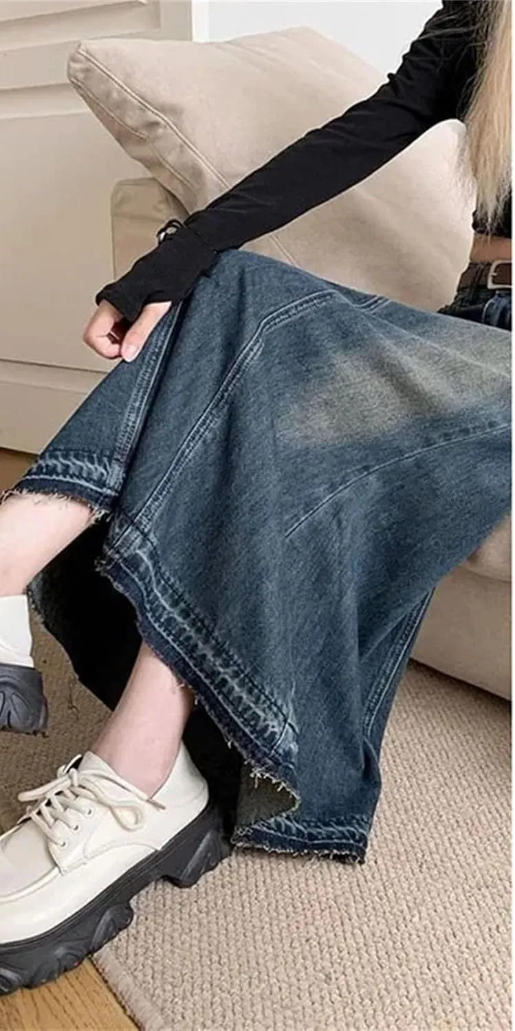 Women's High-Waisted Slimming Long Fishtail Jeans Skirts Vintage Washing Denim Skirt