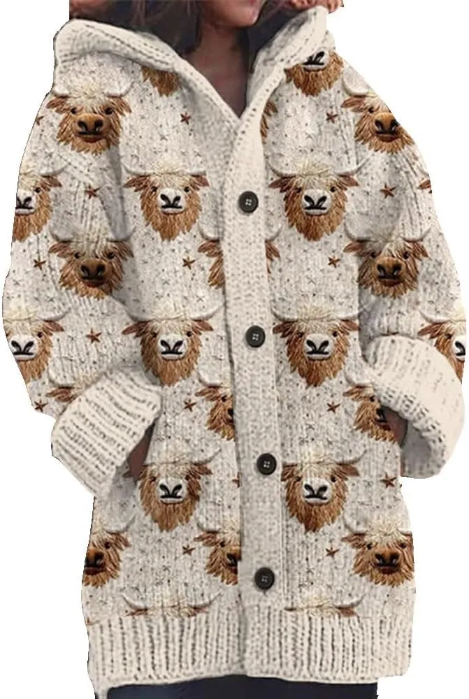 Womens Highland Cow Print Knitted Cardigan Casual Highland Cow Sweater Christmas Cow Cardigan for Women