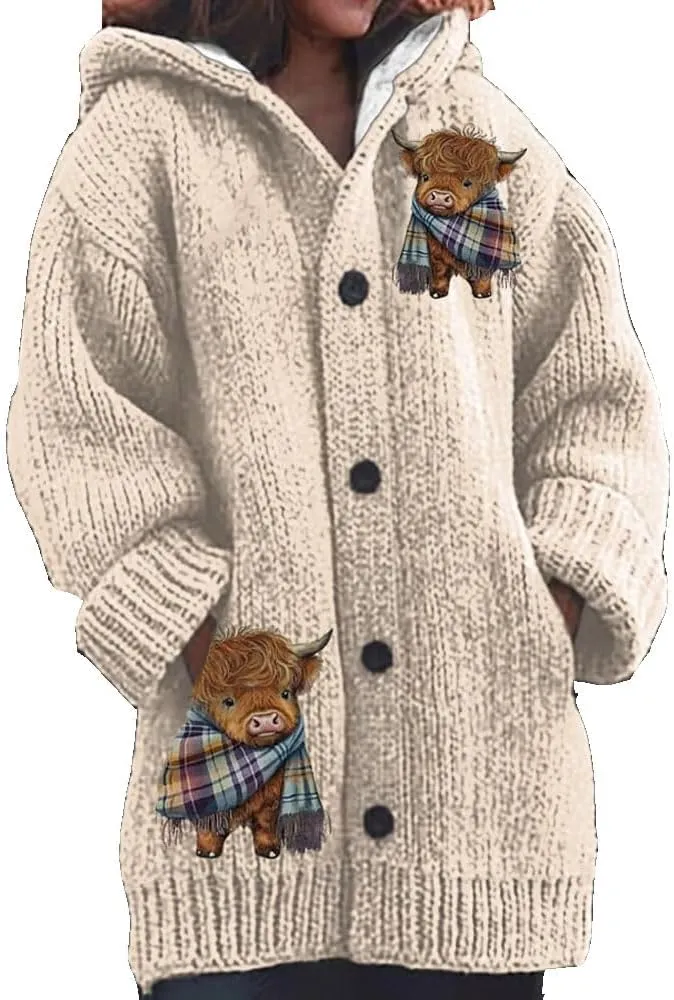 Womens Highland Cow Print Knitted Cardigan Casual Highland Cow Sweater Christmas Cow Cardigan for Women