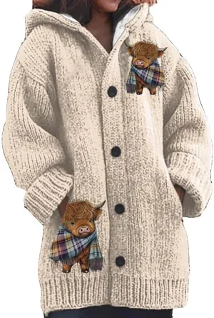 Womens Highland Cow Print Knitted Cardigan Casual Highland Cow Sweater Christmas Cow Cardigan for Women