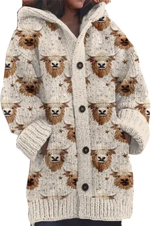 Womens Highland Cow Print Knitted Cardigan Casual Highland Cow Sweater Christmas Cow Cardigan for Women