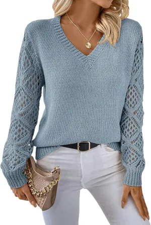 Women's Hollow Out Sweater V Neck Long Sleeve Knit Pullovers Top