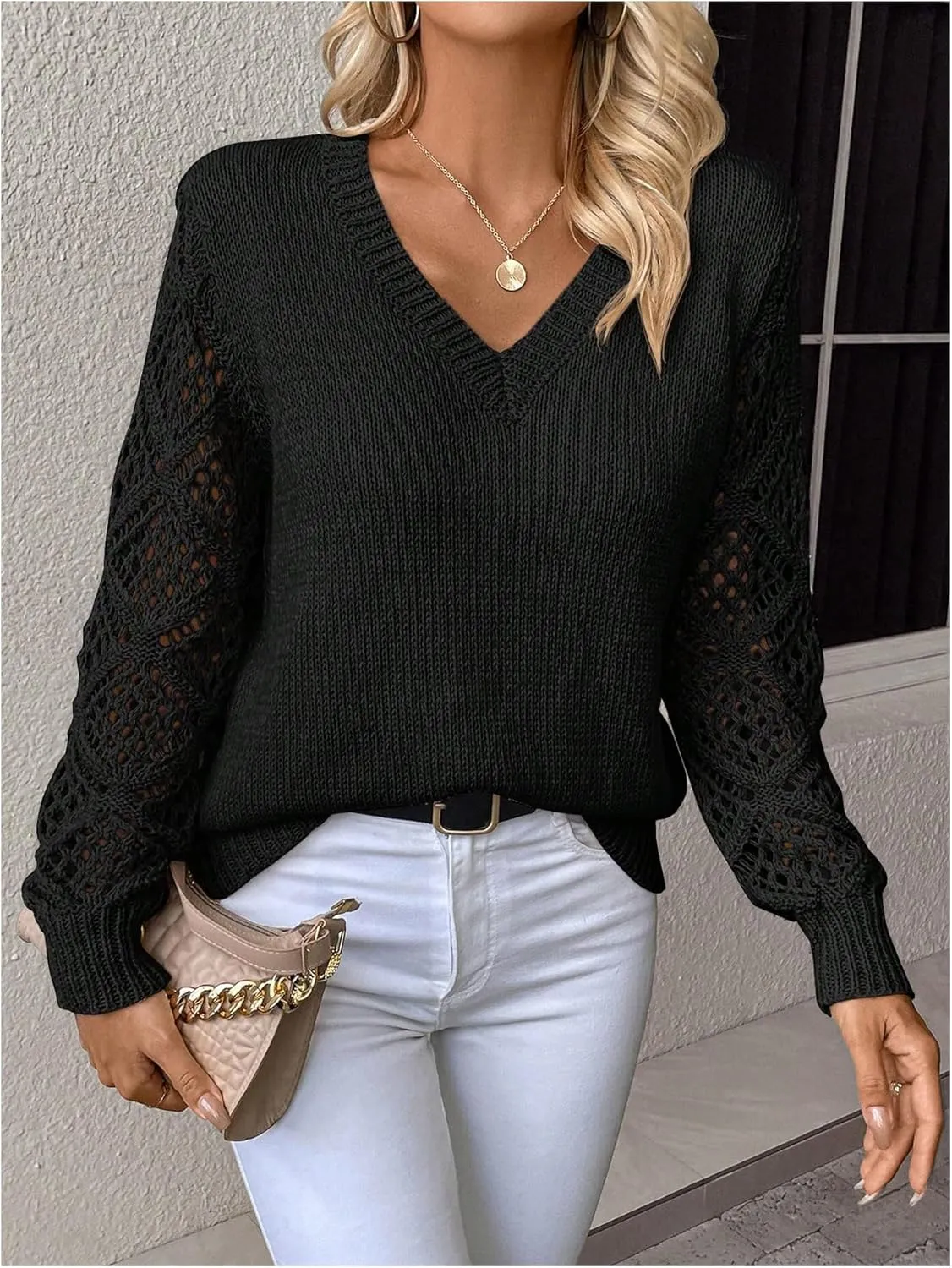 Women's Hollow Out Sweater V Neck Long Sleeve Knit Pullovers Top
