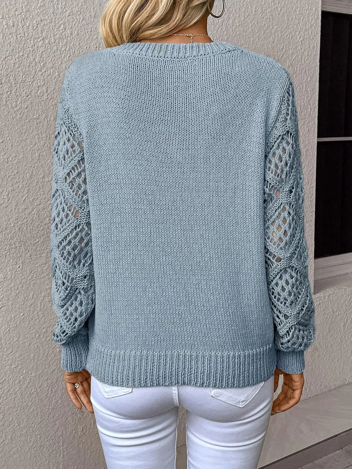 Women's Hollow Out Sweater V Neck Long Sleeve Knit Pullovers Top