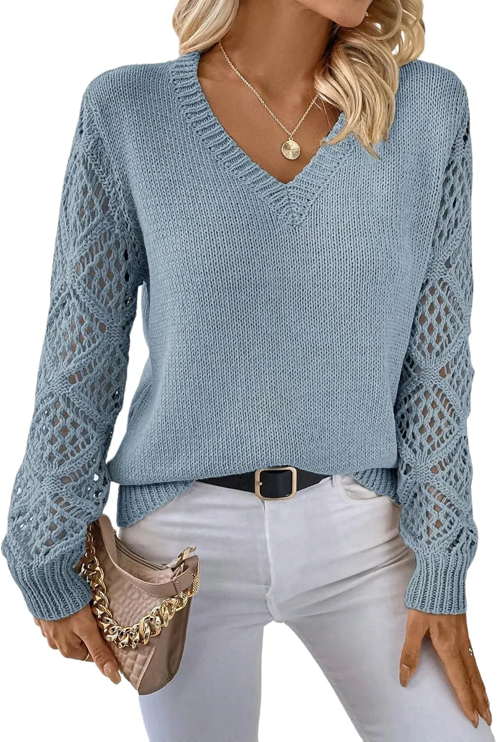 Women's Hollow Out Sweater V Neck Long Sleeve Knit Pullovers Top