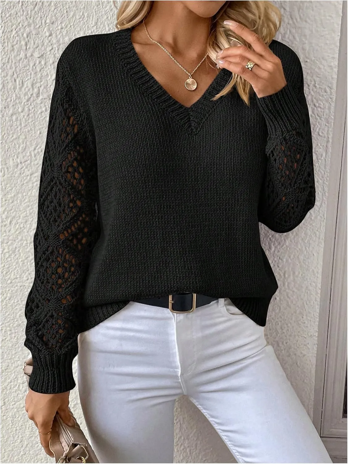 Women's Hollow Out Sweater V Neck Long Sleeve Knit Pullovers Top