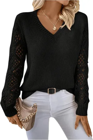Women's Hollow Out Sweater V Neck Long Sleeve Knit Pullovers Top