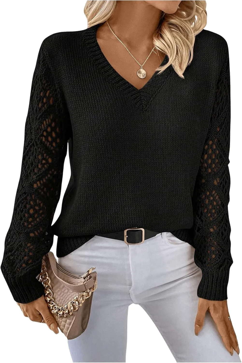 Women's Hollow Out Sweater V Neck Long Sleeve Knit Pullovers Top