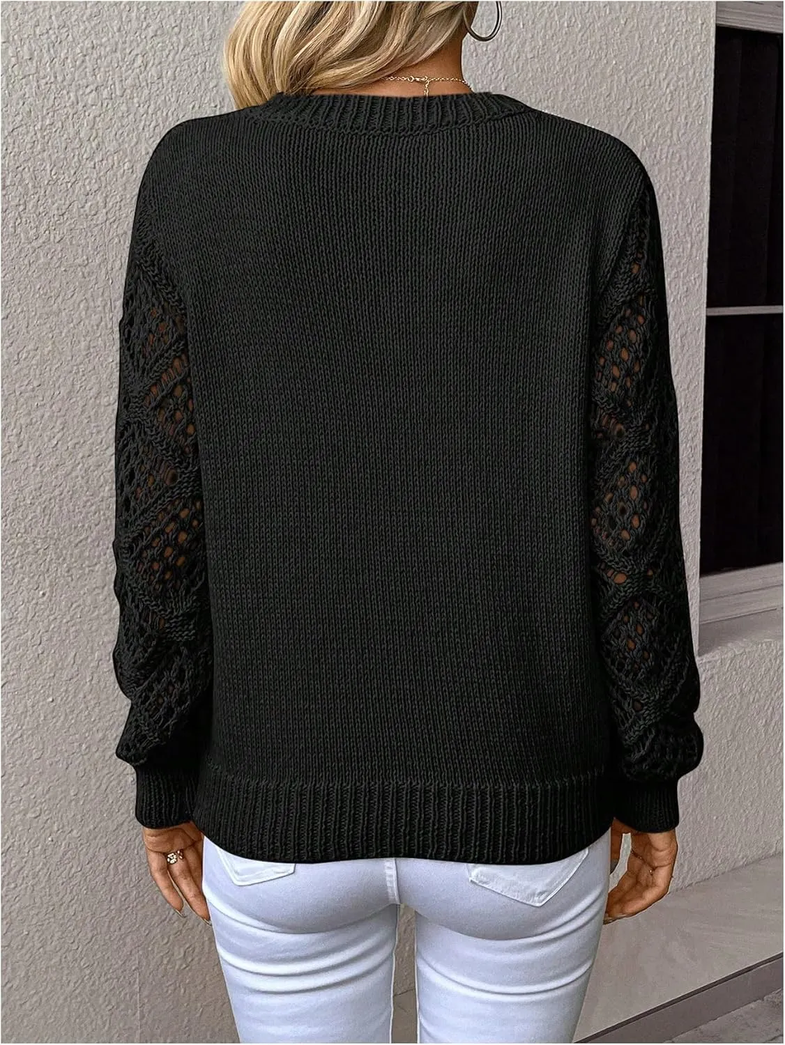 Women's Hollow Out Sweater V Neck Long Sleeve Knit Pullovers Top