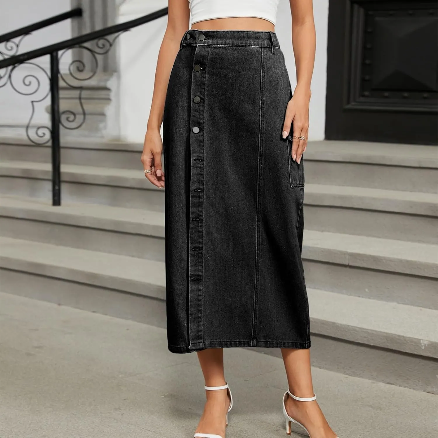 Womens Jean Skirt Casual High Waisted Button Side Slit Long Denim Skirts Trendy A-Line Work Midi Skirts with Pockets