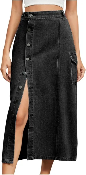 Womens Jean Skirt Casual High Waisted Button Side Slit Long Denim Skirts Trendy A-Line Work Midi Skirts with Pockets