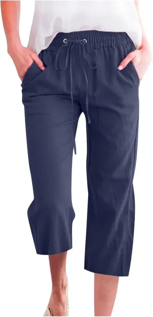Womens Linen Capri Pants Wide Leg Athletic Hiking Casual Pants Lightweight Drawstring Palazzo Trousers Summer Pants