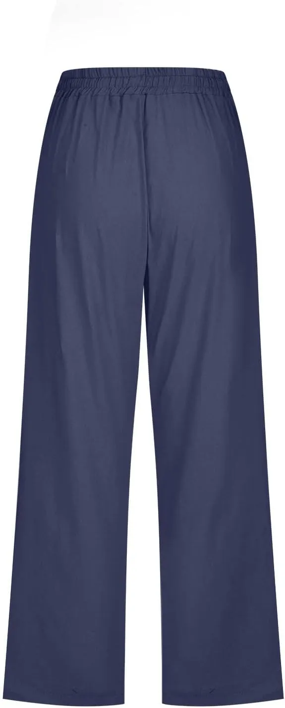 Womens Linen Capri Pants Wide Leg Athletic Hiking Casual Pants Lightweight Drawstring Palazzo Trousers Summer Pants