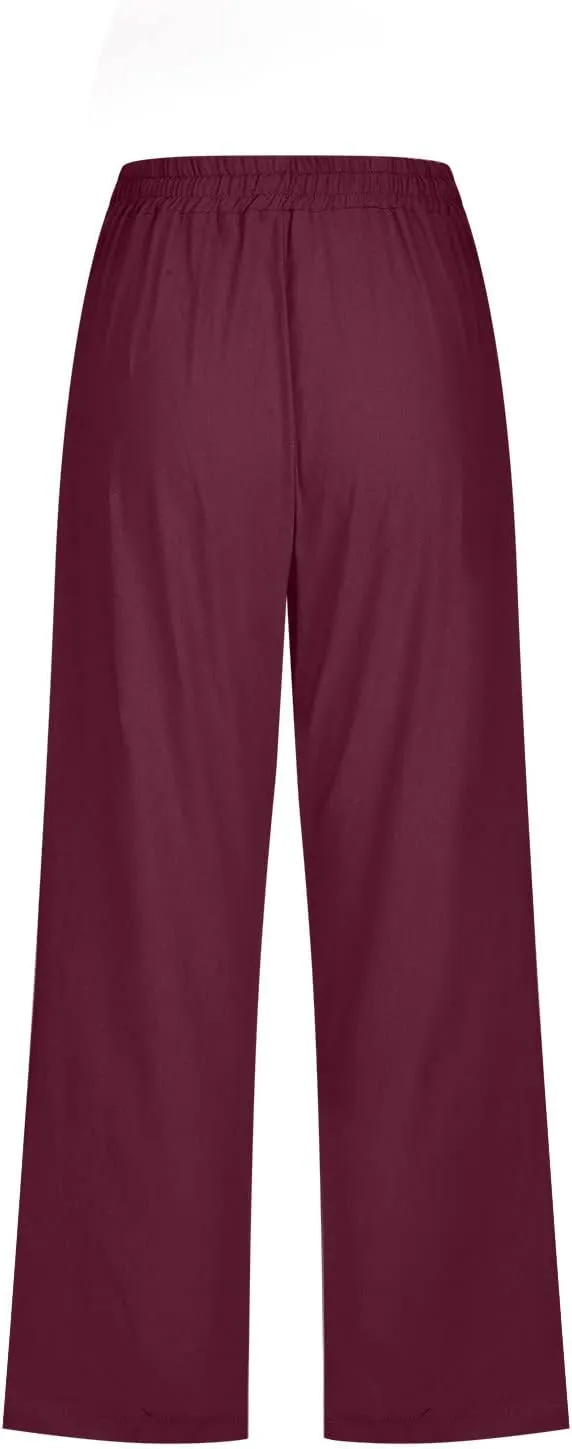 Womens Linen Capri Pants Wide Leg Athletic Hiking Casual Pants Lightweight Drawstring Palazzo Trousers Summer Pants