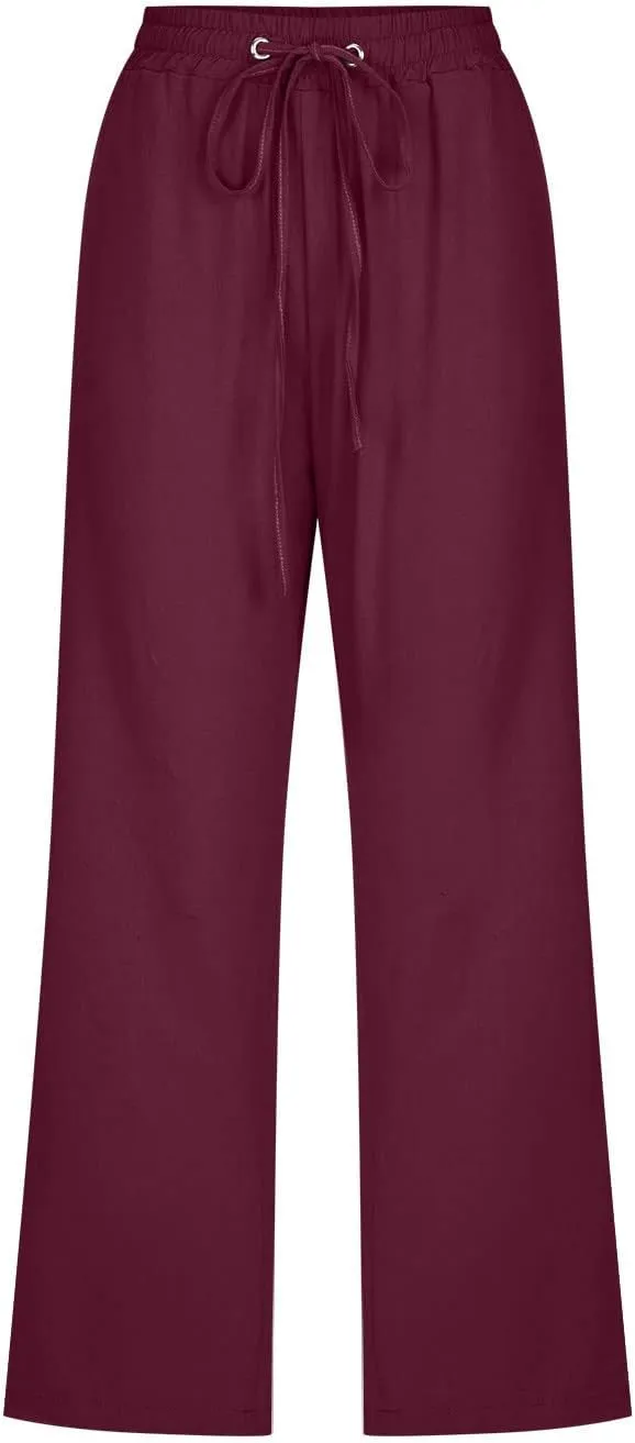 Womens Linen Capri Pants Wide Leg Athletic Hiking Casual Pants Lightweight Drawstring Palazzo Trousers Summer Pants