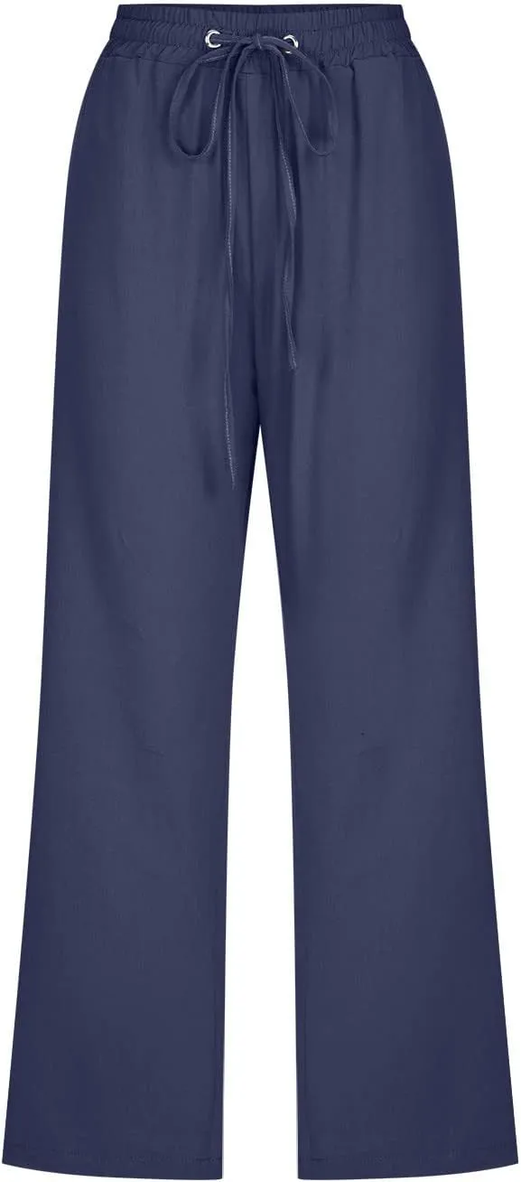 Womens Linen Capri Pants Wide Leg Athletic Hiking Casual Pants Lightweight Drawstring Palazzo Trousers Summer Pants