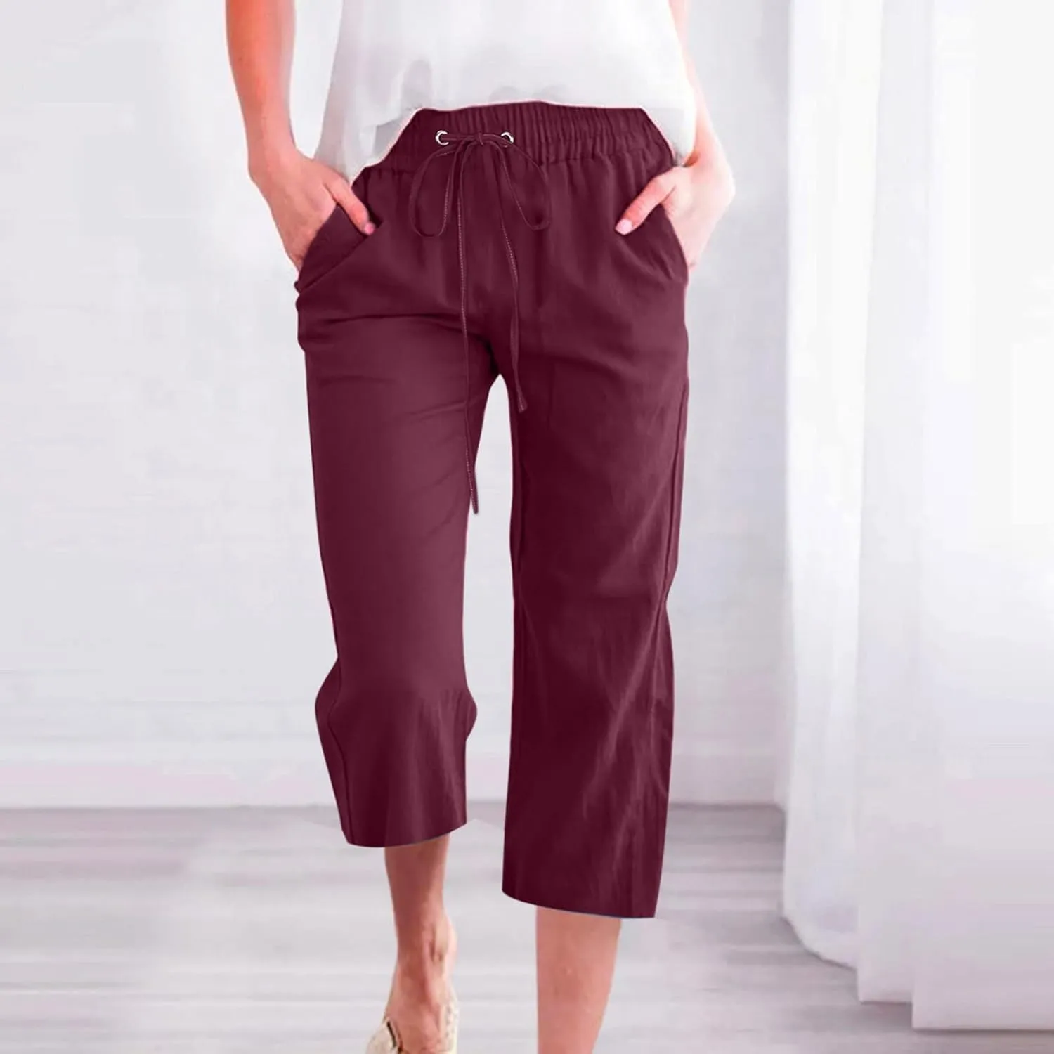 Womens Linen Capri Pants Wide Leg Athletic Hiking Casual Pants Lightweight Drawstring Palazzo Trousers Summer Pants