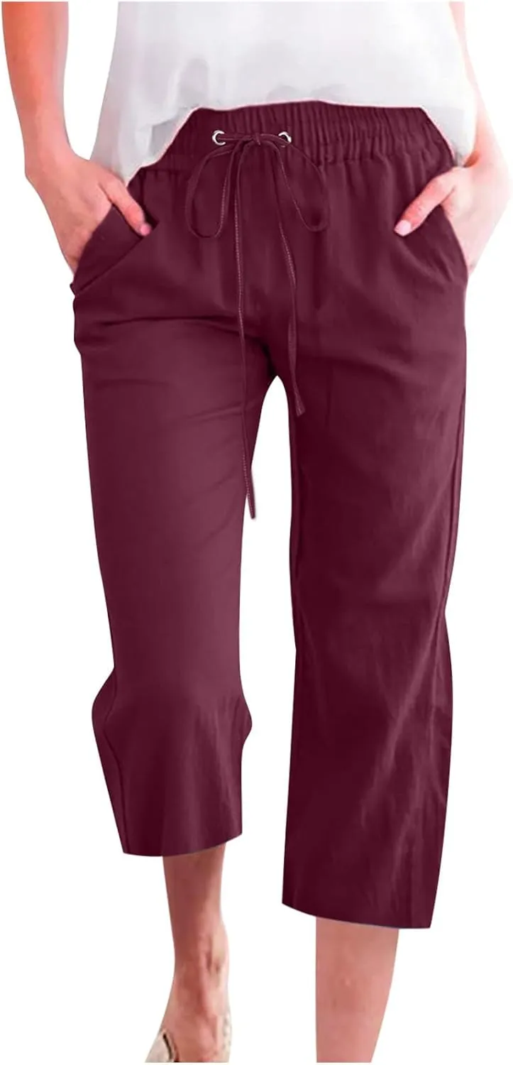 Womens Linen Capri Pants Wide Leg Athletic Hiking Casual Pants Lightweight Drawstring Palazzo Trousers Summer Pants
