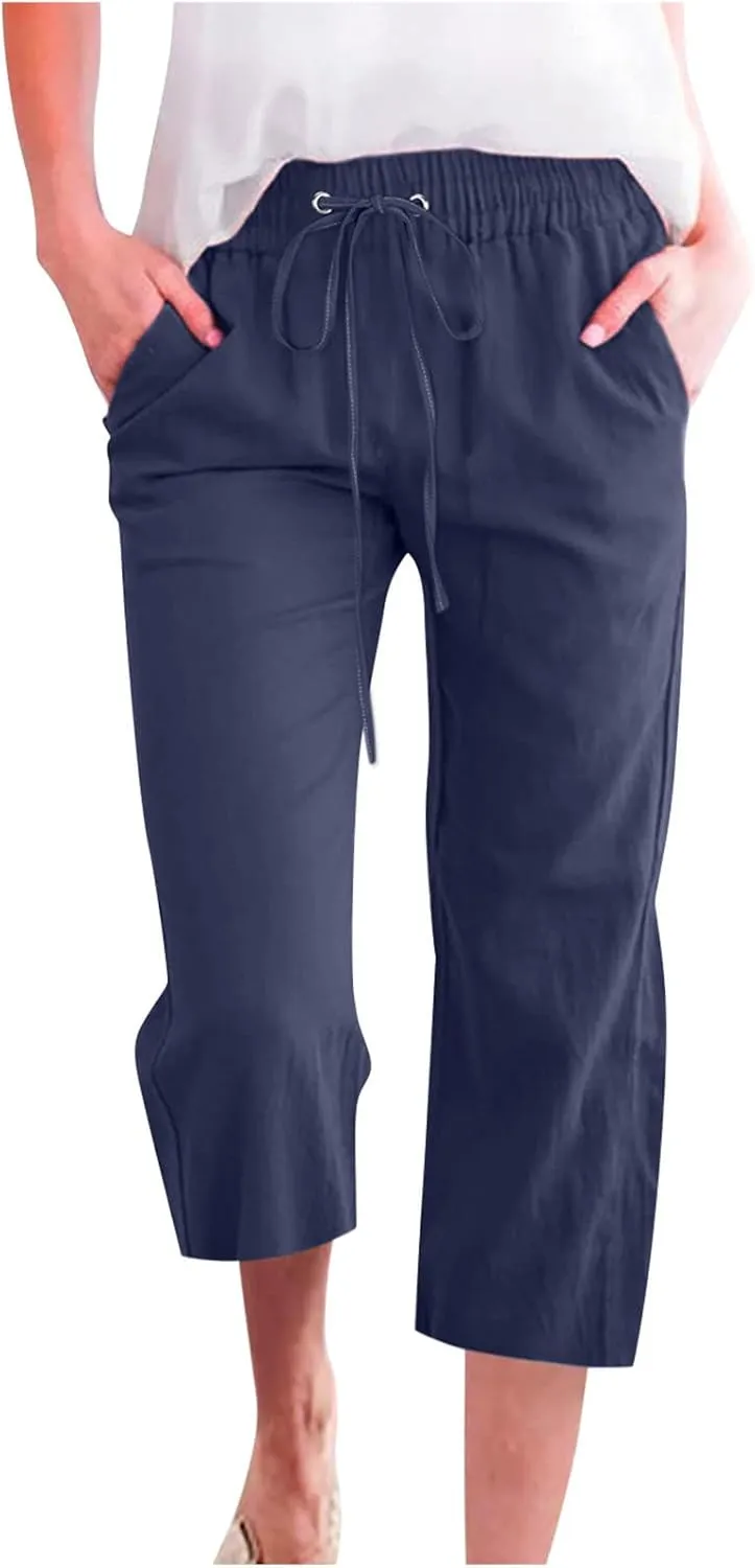 Womens Linen Capri Pants Wide Leg Athletic Hiking Casual Pants Lightweight Drawstring Palazzo Trousers Summer Pants