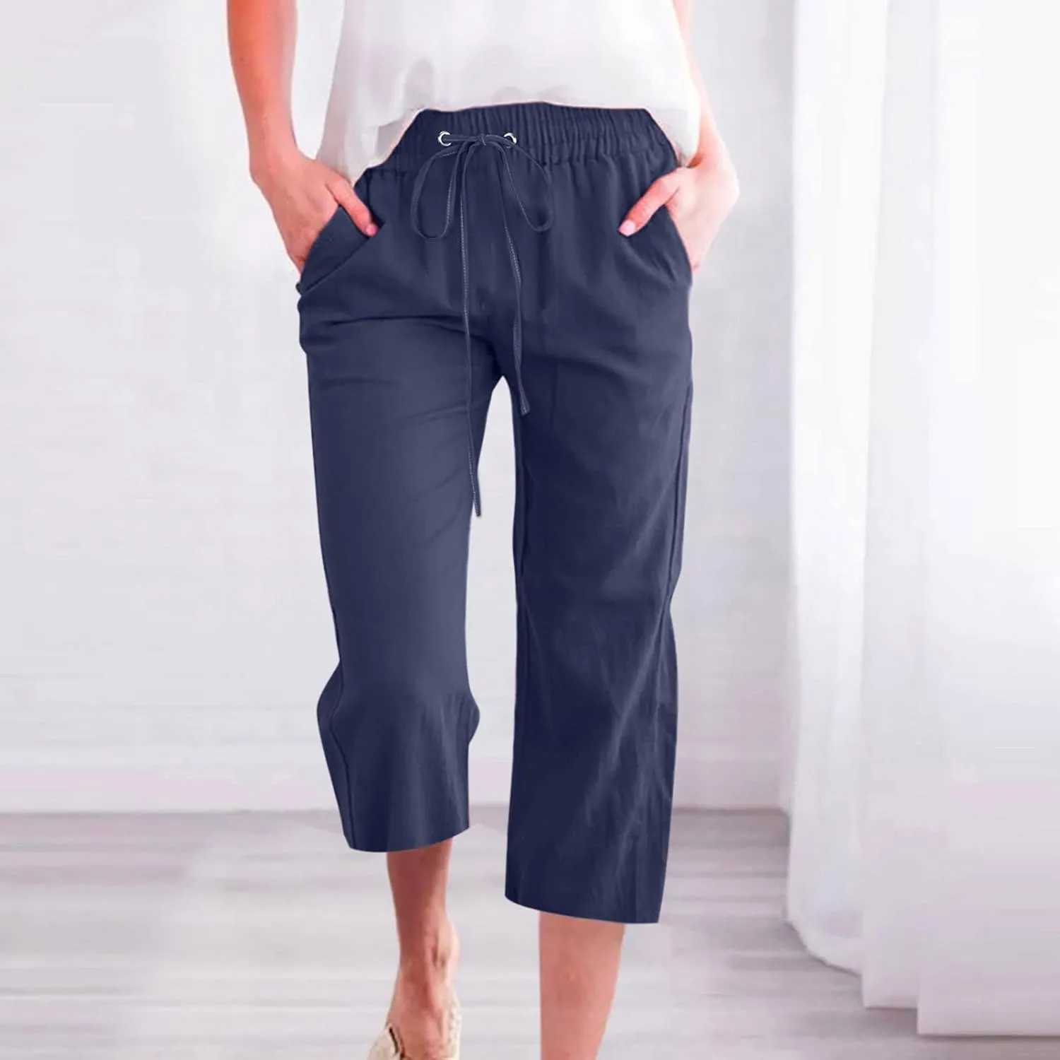 Womens Linen Capri Pants Wide Leg Athletic Hiking Casual Pants Lightweight Drawstring Palazzo Trousers Summer Pants