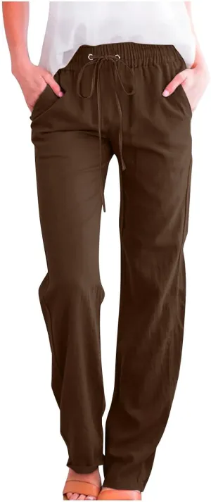 Women's Linen Cotton Casual Pants Lounge Pants Drawstring with Pockets Elastic Waist Straight Leg Pants Loose Trouser
