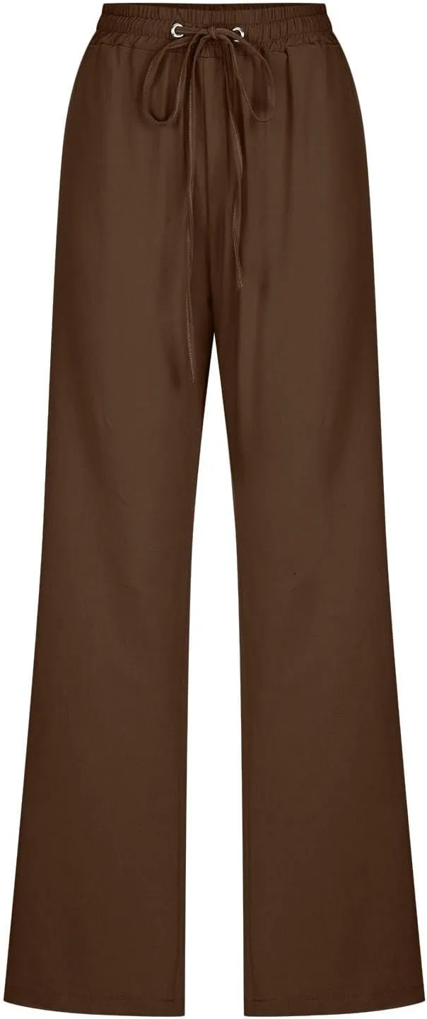 Women's Linen Cotton Casual Pants Lounge Pants Drawstring with Pockets Elastic Waist Straight Leg Pants Loose Trouser
