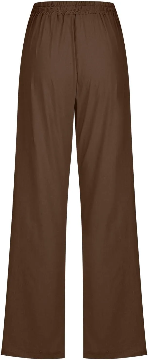 Women's Linen Cotton Casual Pants Lounge Pants Drawstring with Pockets Elastic Waist Straight Leg Pants Loose Trouser