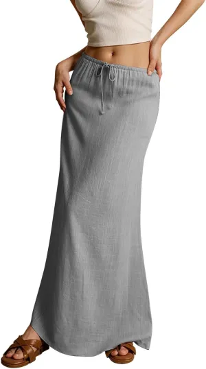 Womens Linen Maxi Skirts Summer Elastic Waist Drawstring A Line Long Flared Skirts Vacation Boho Flowy Skirt