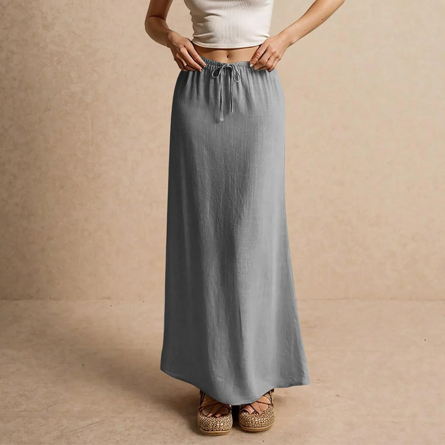 Womens Linen Maxi Skirts Summer Elastic Waist Drawstring A Line Long Flared Skirts Vacation Boho Flowy Skirt