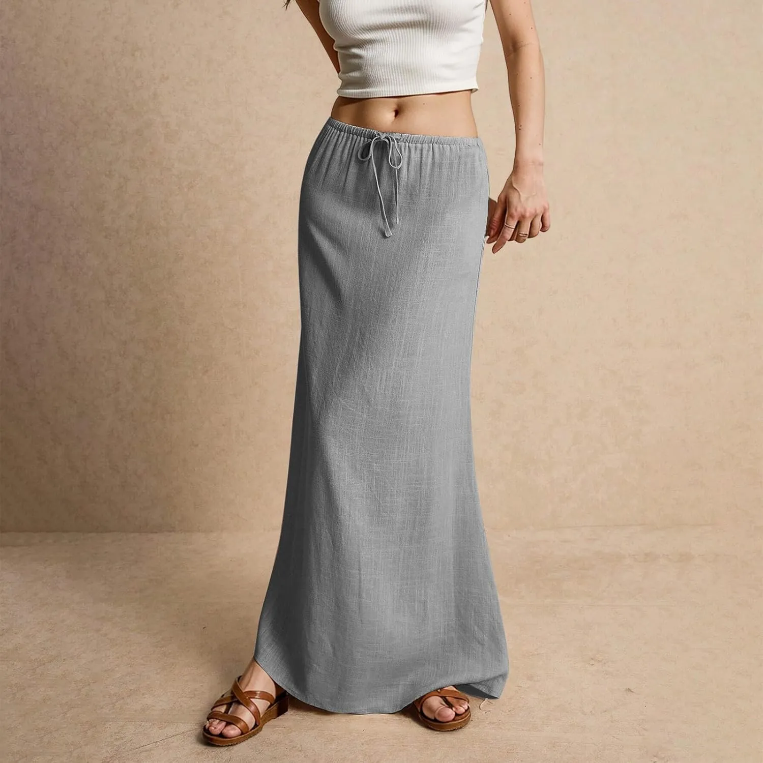 Womens Linen Maxi Skirts Summer Elastic Waist Drawstring A Line Long Flared Skirts Vacation Boho Flowy Skirt