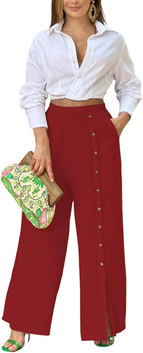 Womens Linen Palazzo Pants 2024 Summer Wide Leg Button Up Trousers Casual Loose Fit Trendy Lounge Pants with Pockets