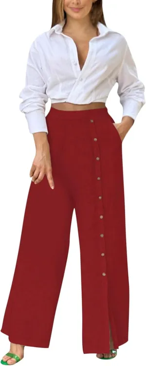 Womens Linen Palazzo Pants 2024 Summer Wide Leg Button Up Trousers Casual Loose Fit Trendy Lounge Pants with Pockets