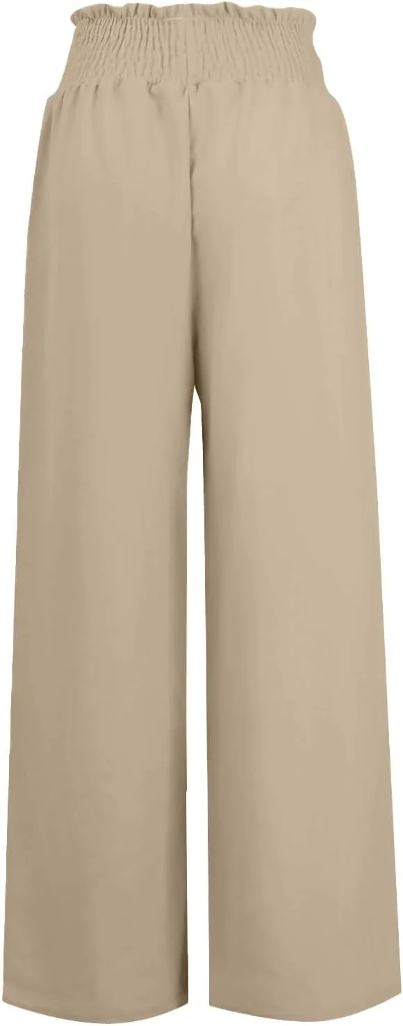 Womens Linen Pants 2025 Summer Casual Wide Leg Palazzo Pants Drawstring Smocked Waist Flowy Beach Trousers Outfits