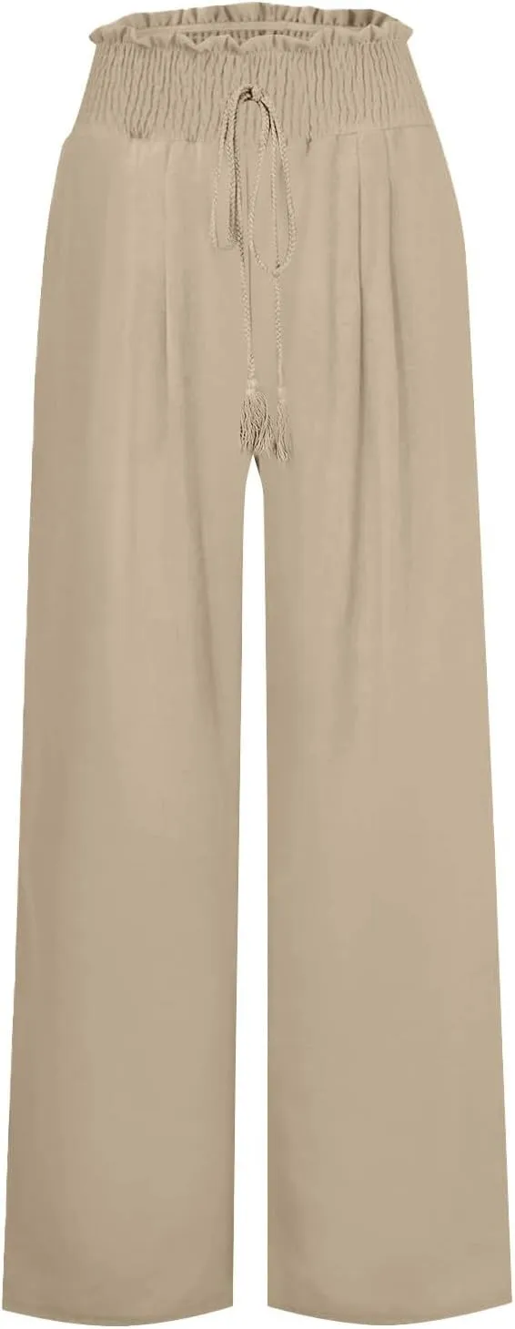 Womens Linen Pants 2025 Summer Casual Wide Leg Palazzo Pants Drawstring Smocked Waist Flowy Beach Trousers Outfits