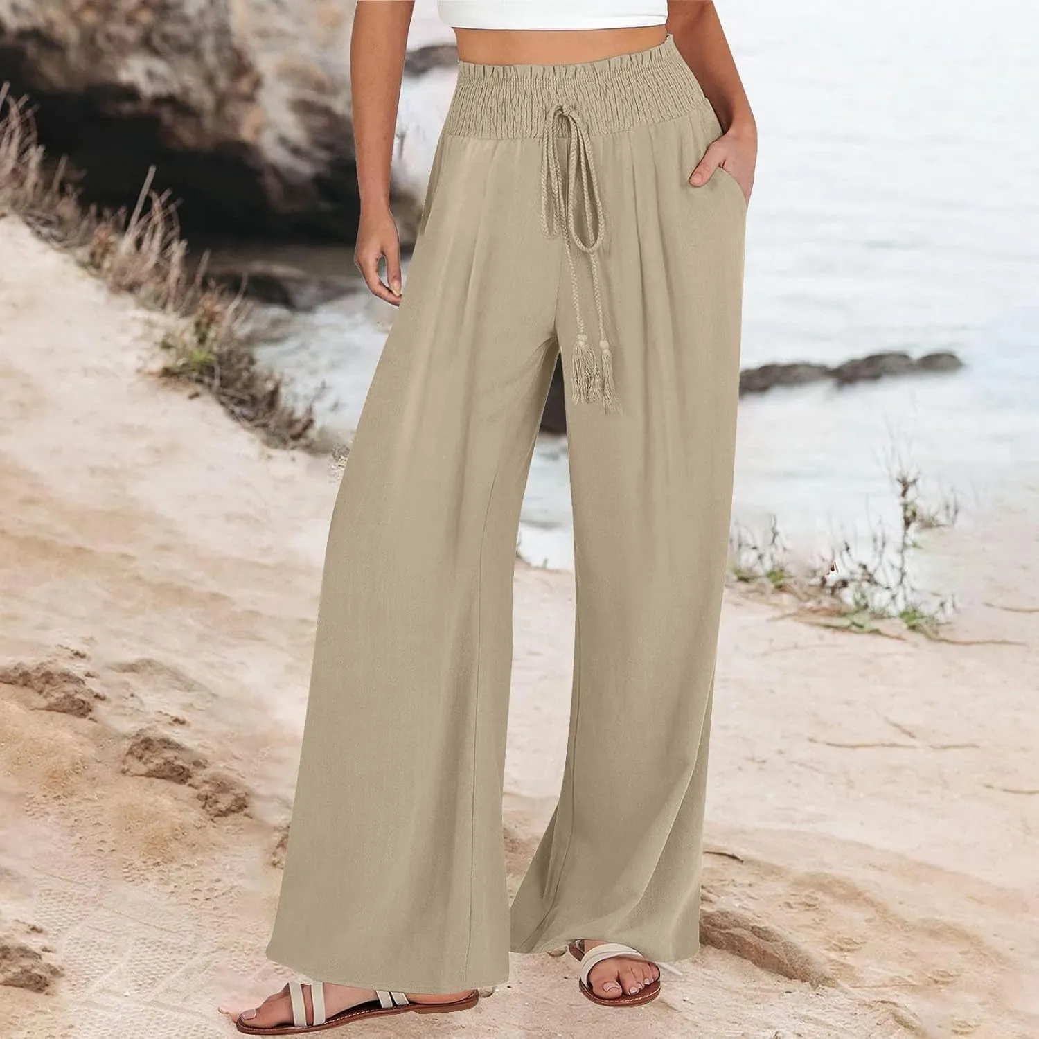 Womens Linen Pants 2025 Summer Casual Wide Leg Palazzo Pants Drawstring Smocked Waist Flowy Beach Trousers Outfits