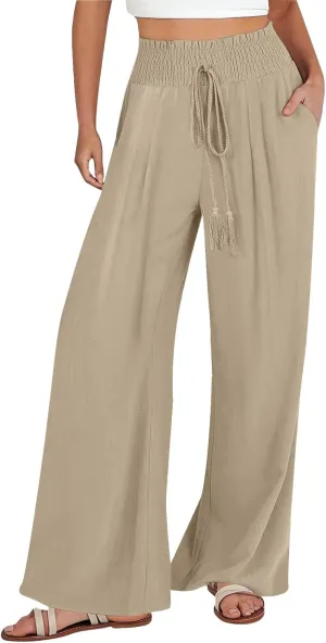 Womens Linen Pants 2025 Summer Casual Wide Leg Palazzo Pants Drawstring Smocked Waist Flowy Beach Trousers Outfits