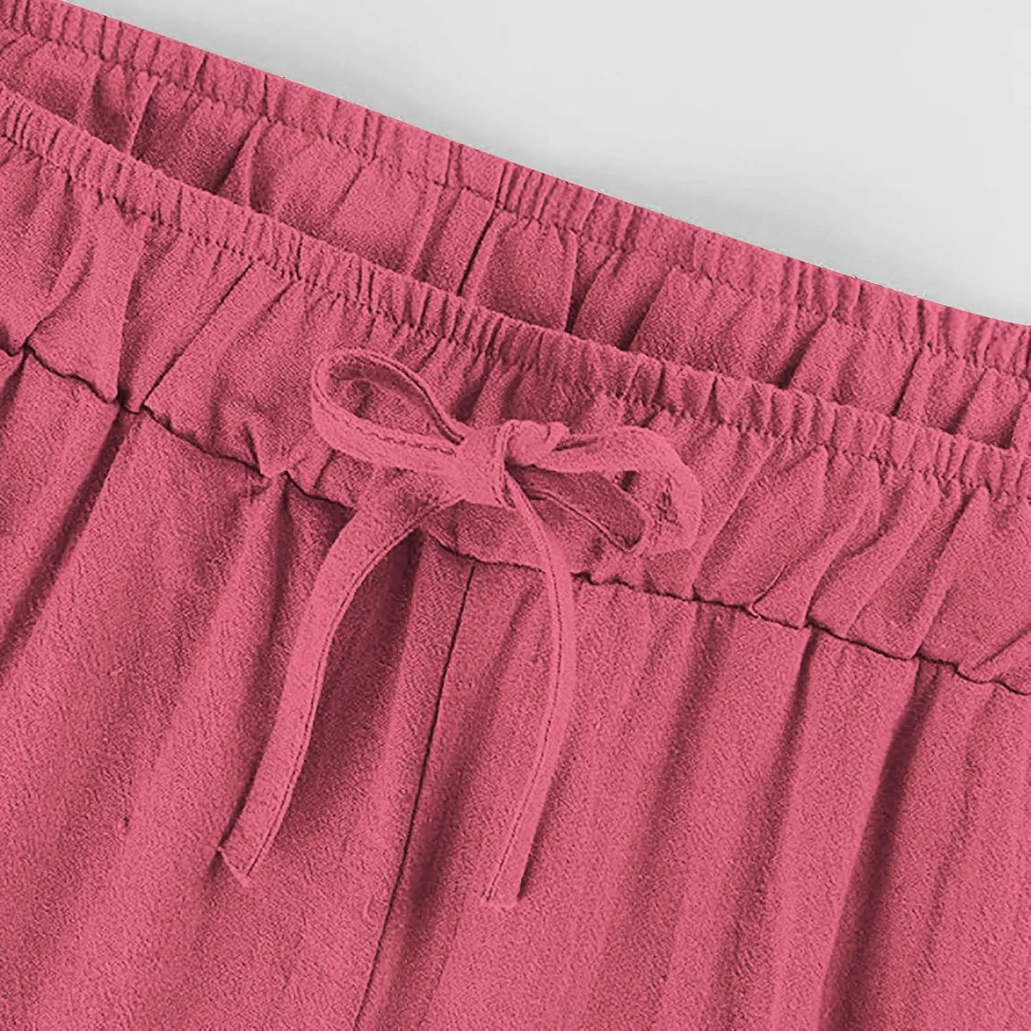 Womens Linen Pants Elastic High Waisted Wide Leg Pants Summer Palazzo Trouser Casual Flowy Drawstring Beach Outfits