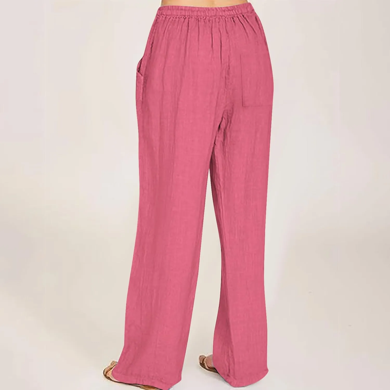 Womens Linen Pants Elastic High Waisted Wide Leg Pants Summer Palazzo Trouser Casual Flowy Drawstring Beach Outfits
