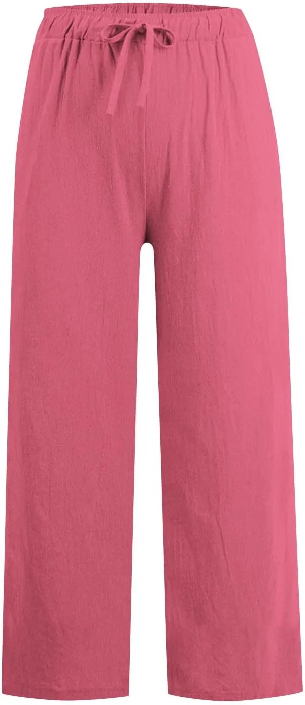 Womens Linen Pants Elastic High Waisted Wide Leg Pants Summer Palazzo Trouser Casual Flowy Drawstring Beach Outfits