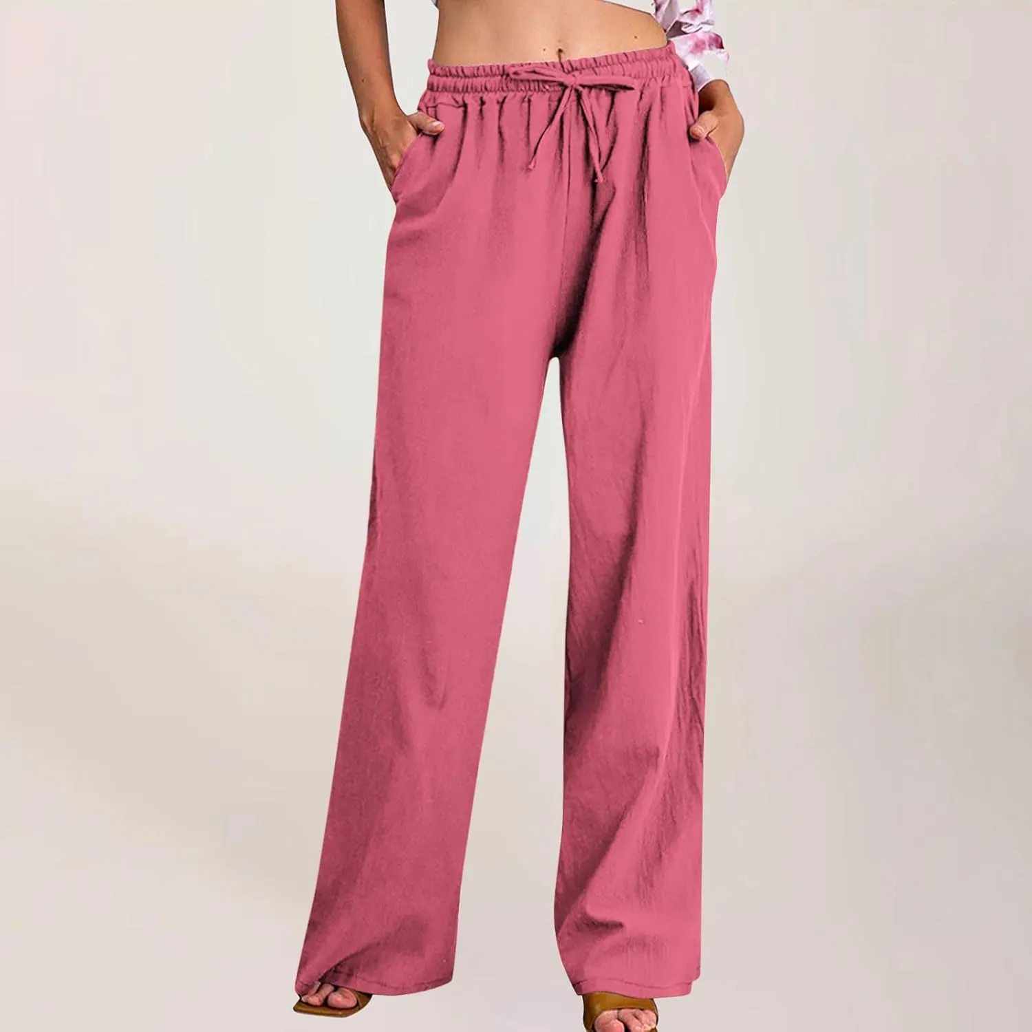 Womens Linen Pants Elastic High Waisted Wide Leg Pants Summer Palazzo Trouser Casual Flowy Drawstring Beach Outfits