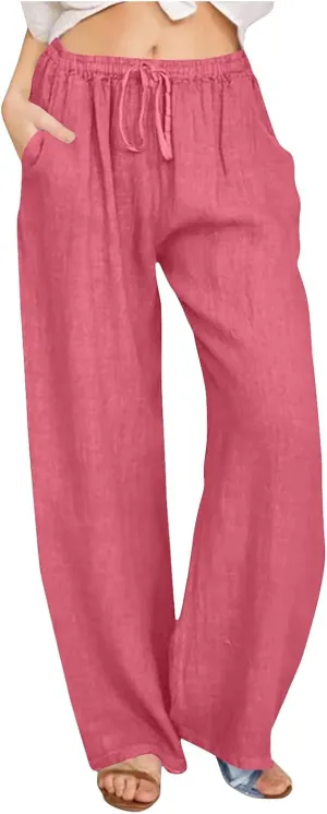 Womens Linen Pants Elastic High Waisted Wide Leg Pants Summer Palazzo Trouser Casual Flowy Drawstring Beach Outfits